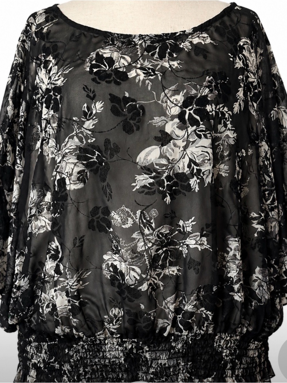 Semi Sheer Burnout Velvet Floral Plus Size Blouse Smocked Hem Lightweight Chic